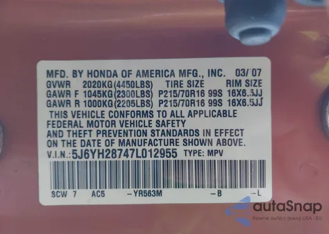 2007 Honda Element Ex from USA, damaged, VIN 5J6YH28747L012955